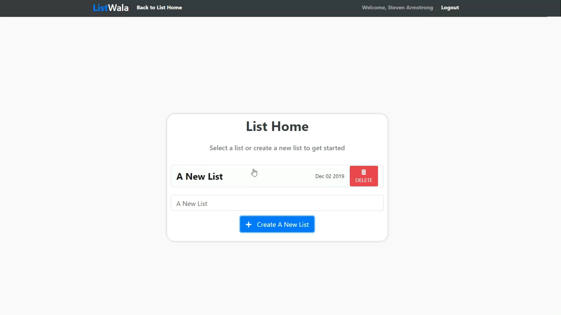 Home Page for all Lists and can be created or deleted 