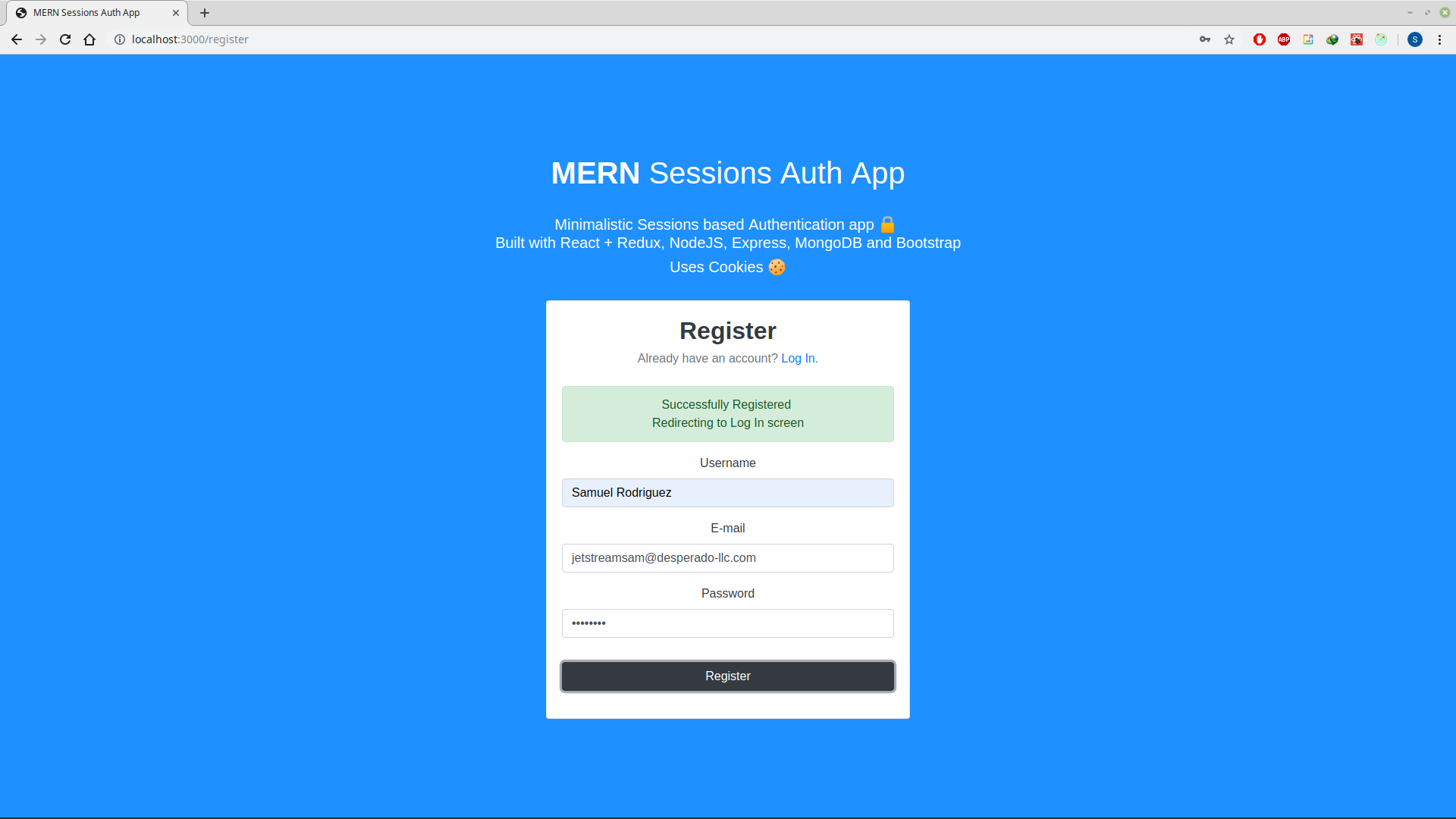  After successful Registration, message is displayed and redirected to Login screen